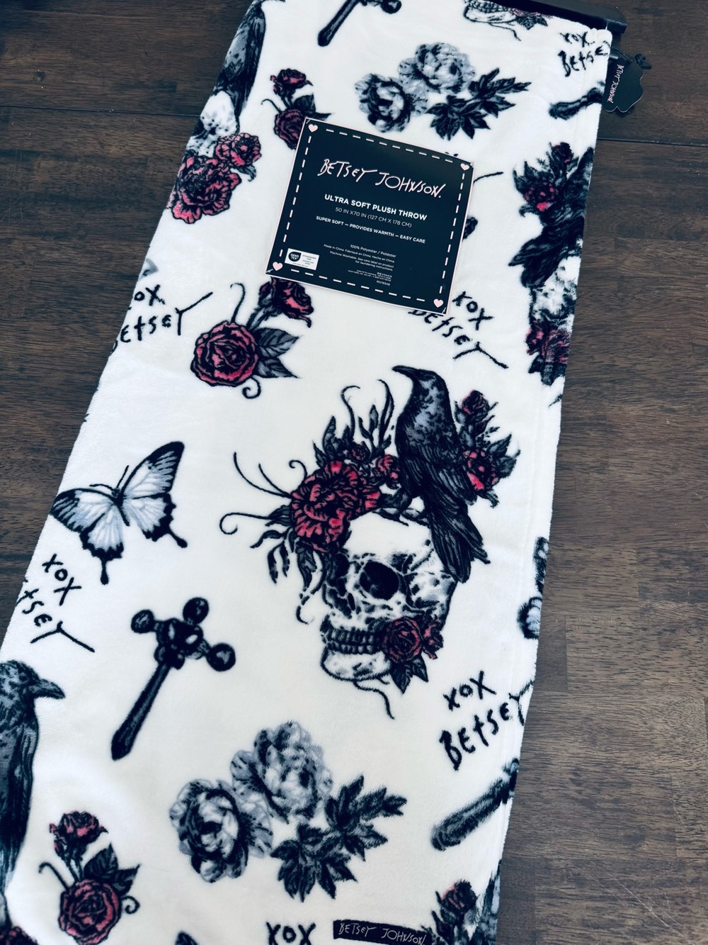 Betsey Johnson Floral Raven Skull Gothic Design Plush Throw Blanket